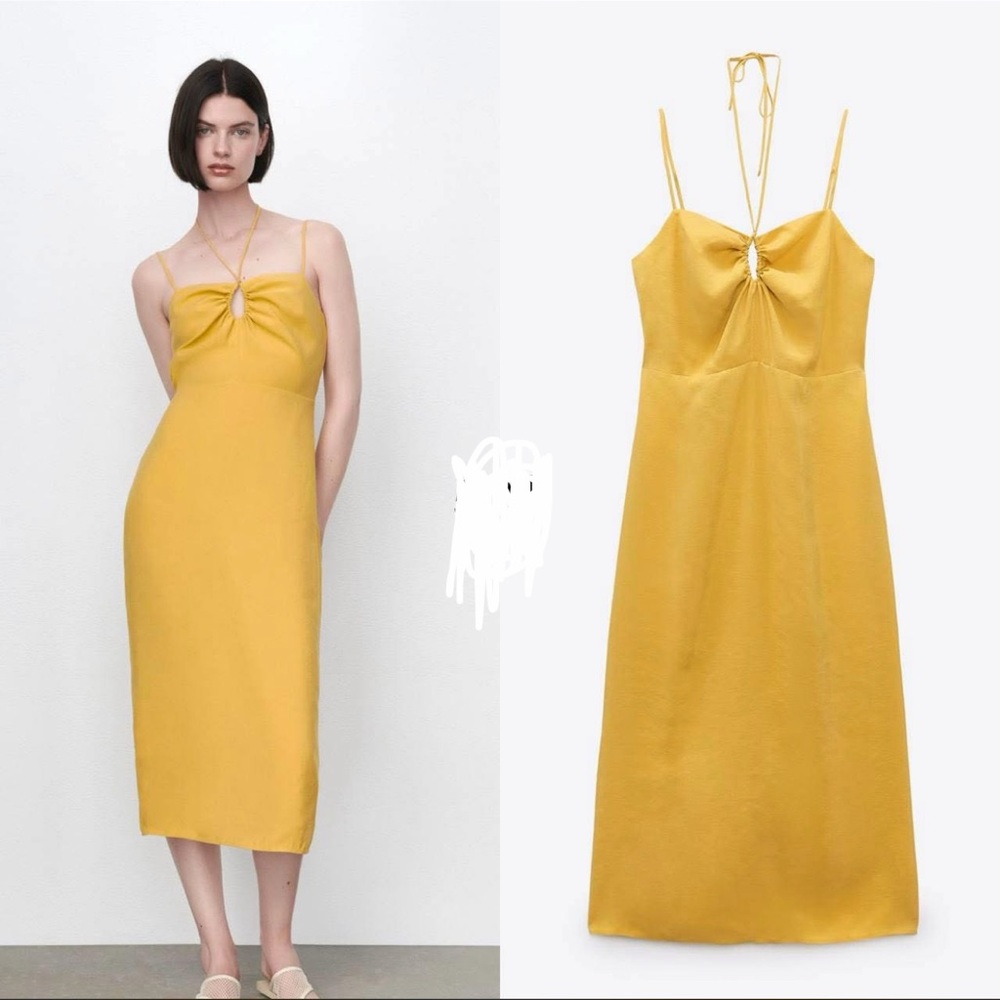 Zara Mustard Yellow Midi Dress with Front Twist